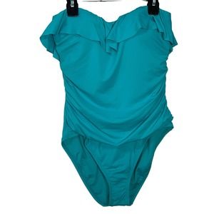 Bleu by Rod Beattie Shirred Ruffle Bandeau Mio One-Piece Swimsuit, Wave Runner12